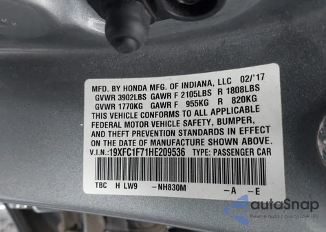 2017 Honda Civic Ex-L from USA, damaged, VIN 19XFC1F71HE209536